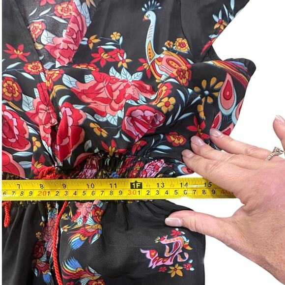 Women's Small Boho Peacock Floral V Neck Hi Low Ruffle Button Down Maxi Dress - Picture 16 of 16